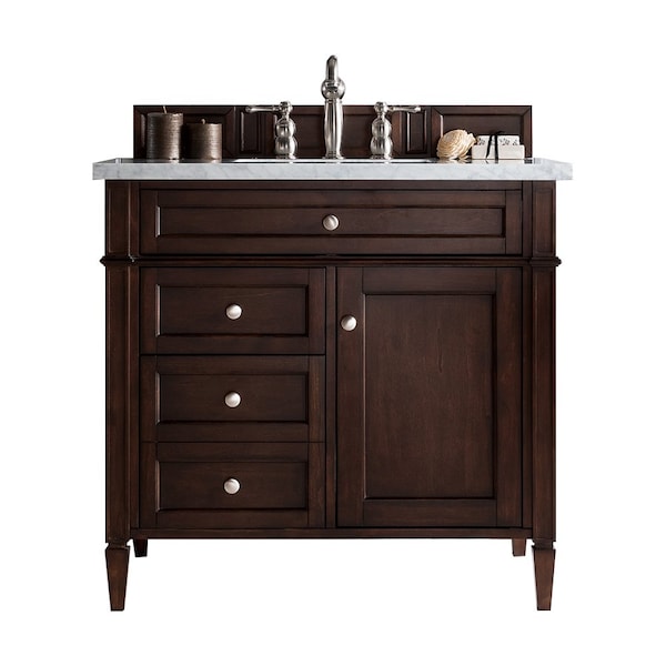 James Martin Vanities Brittany 36in Single Vanity, Burnished Mahogany w/ 3 CM Arctic Fall Solid Surface Top 650-V36-BNM-3AF - main
